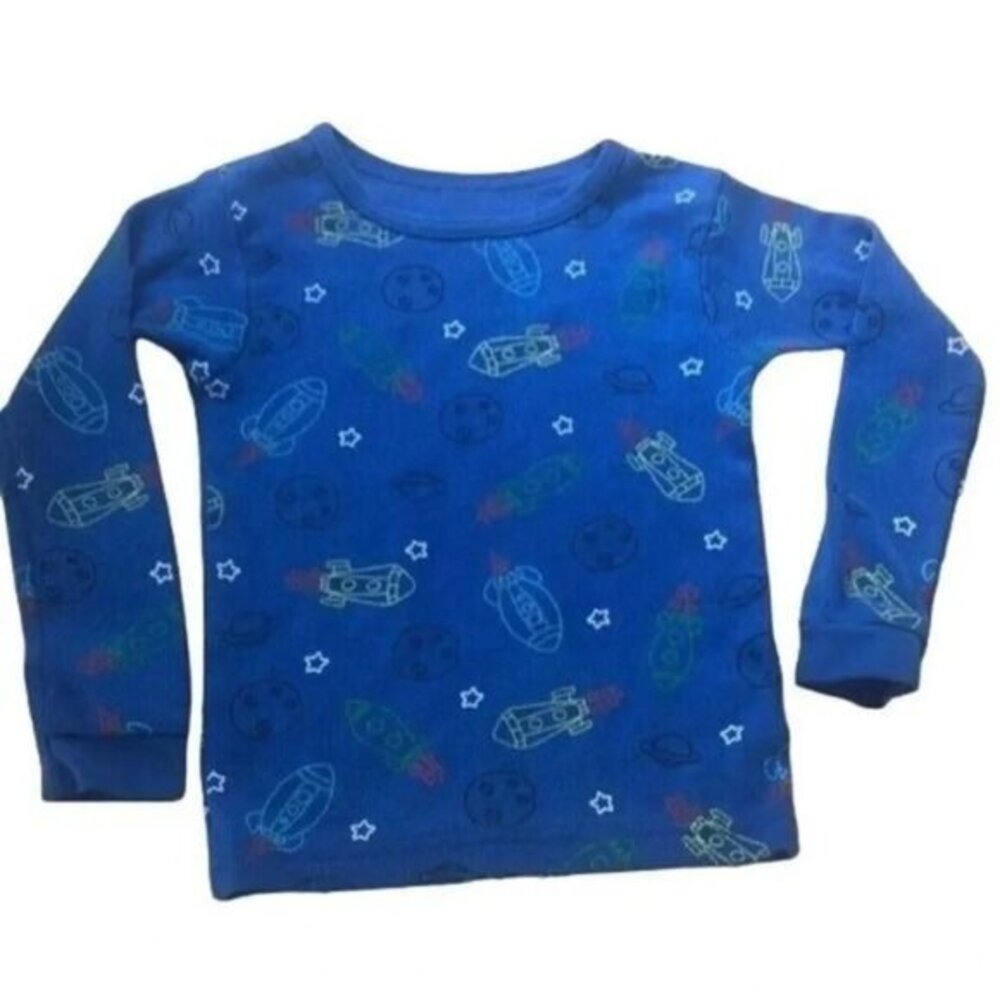 Boys Blue Rocket Ship Long Sleeve Top Graphic Tee Space Pattern‎